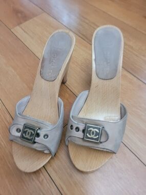 CHANEL Taupe Leather Slide Mules with CC Square Emblem